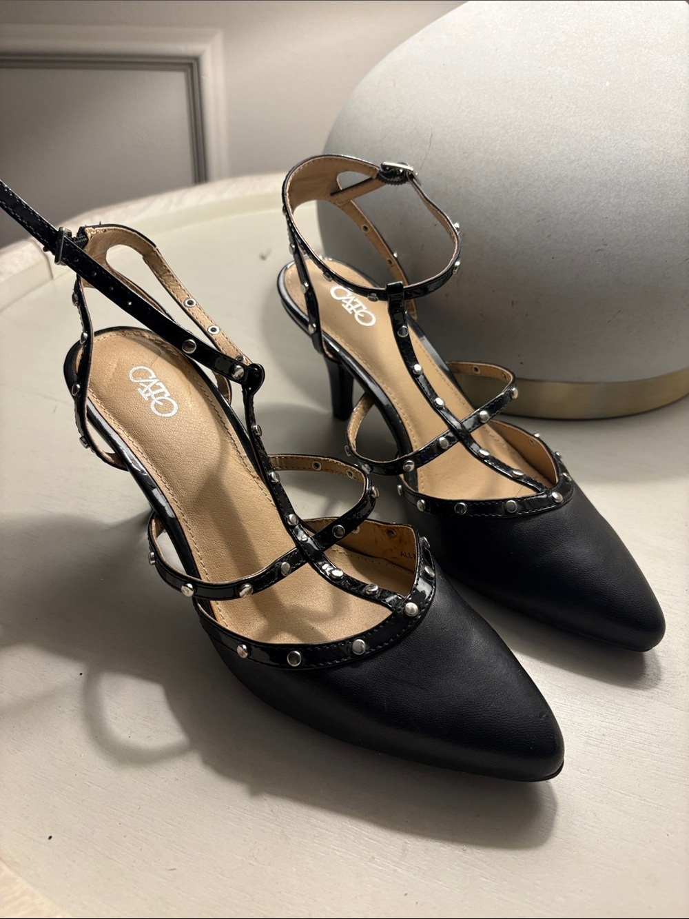 CATO  black Studded Pointed-Toe Strappy Heels
